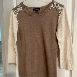 A. Byer Brown and Cream Sweater with Pearl Accents